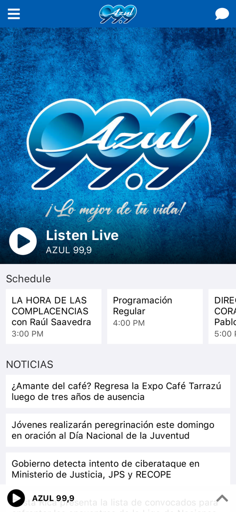 Pura Vida Radios - Pura Vida Radios app screen for Azul 99.9 FM featuring station schedule and news