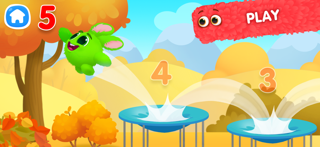 A green character jumps on blue trampolines to count numbers in a colorful landscape