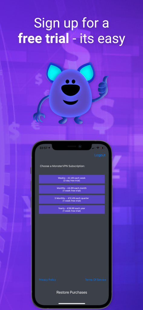 Subscription screen for Monster VPN app on iPhone featuring weekly and monthly plans with a free trial