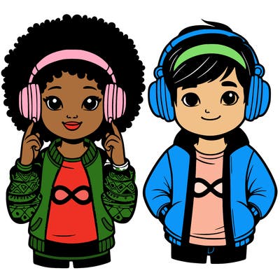 an afroamerican girl with headphones and a boy with headphones, they have an ♾️ symbol on their shirt