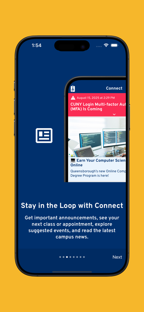 QCC Connect mobile app screen featuring campus announcements and news updates