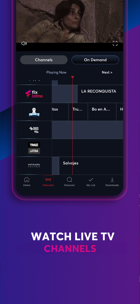 Screenshot of the FlixLatino app interface showing a guide for live Spanish language TV channels