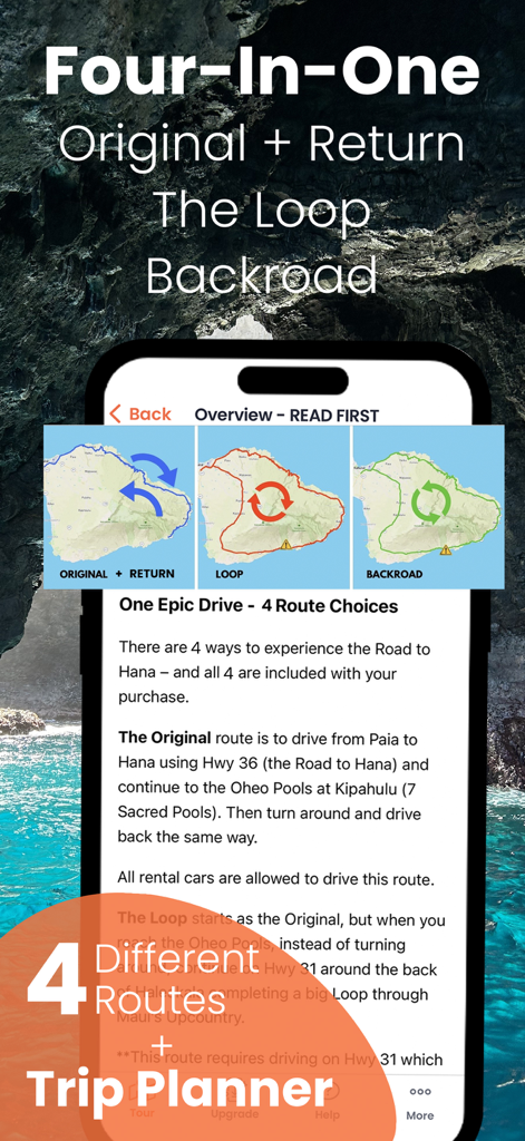 Road to Hana Maui GyPSy Guide app showing four different driving routes and a trip planner