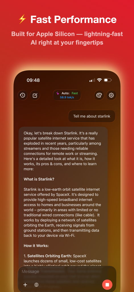 Solair AI - Local AI - Solair AI interface showing fast AI text generation at 58.9 tokens per second on Apple Silicon