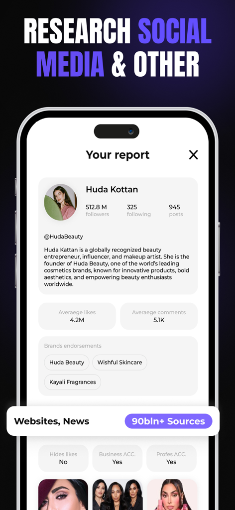 Interface do aplicativo móvel exibindo insights de influenciadores de mídia social e métricas de perfil