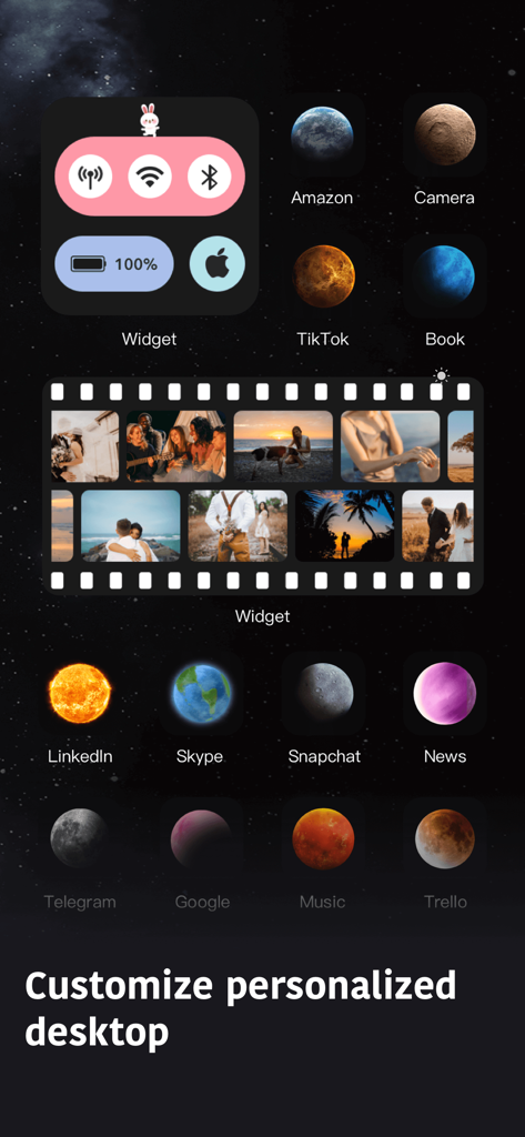 Spark - Color Widgets - A customized iPhone screen featuring planet themed app icons and personalized widgets