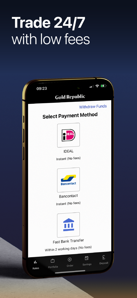 GoldRepublic: Trade Gold - An iPhone screen displaying the GoldRepublic app payment method selection page with options like iDEAL, Bancontact, and Fast Bank Transfer.