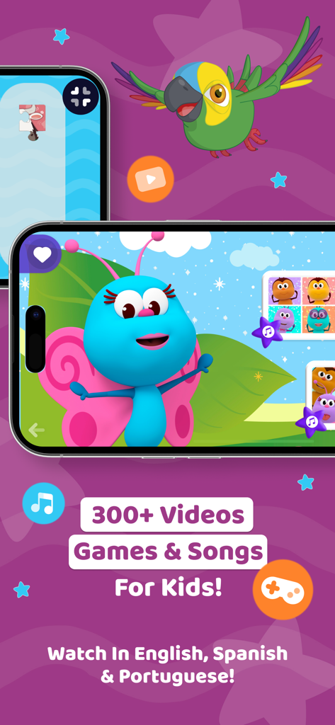 El Reino Infantil Kids App! - Screenshot of El Reino Infantil Kids App featuring colorful cartoon characters and text highlighting over 300 videos games and songs available in English Spanish and Portuguese