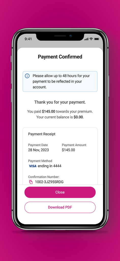 Ambetter Health mobile app payment confirmation screen showing a successful insurance premium payment receipt