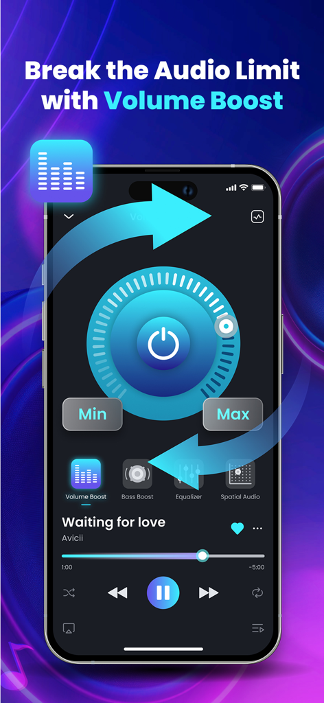 Oberfläche der Volume Booster App mit einem kreisförmigen Lautstärkeregler und Wiedergabesteuerungen