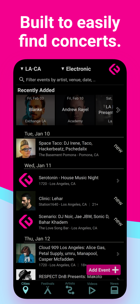 Captura de pantalla de la aplicación Edmtrain mostrando una lista de próximos conciertos y raves de música electrónica en Los Ángeles.