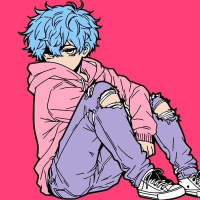 a male hoddie ripped jeans messy hair anime