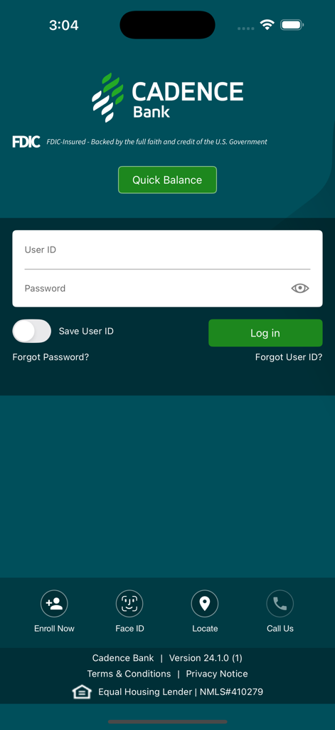 La pantalla de inicio de sesión de la aplicación móvil Cadence Bank con campos para nombre de usuario y contraseña, con opciones para saldo rápido y ubicación de sucursal.
