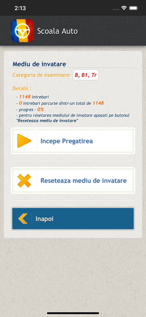 Scoala Auto, Chestionare auto - The learning environment module of the Scoala Auto app for the Romanian driving exam.