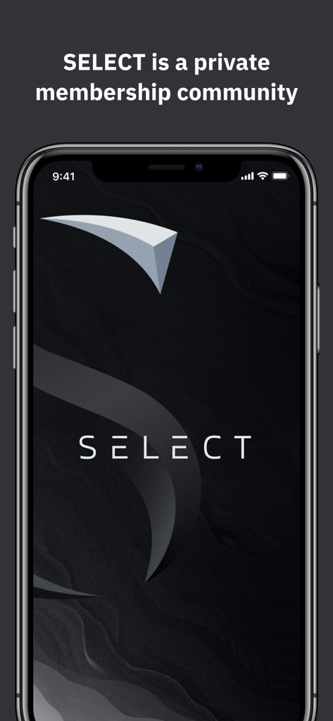 The splash screen of the SELECT Card app on an iPhone stating it is a private membership community.