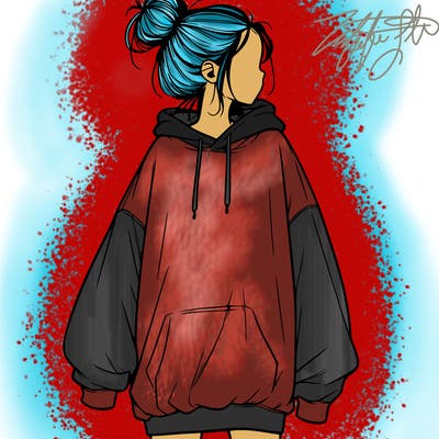 realistic girl with a oversized sweatshirt on and a bun