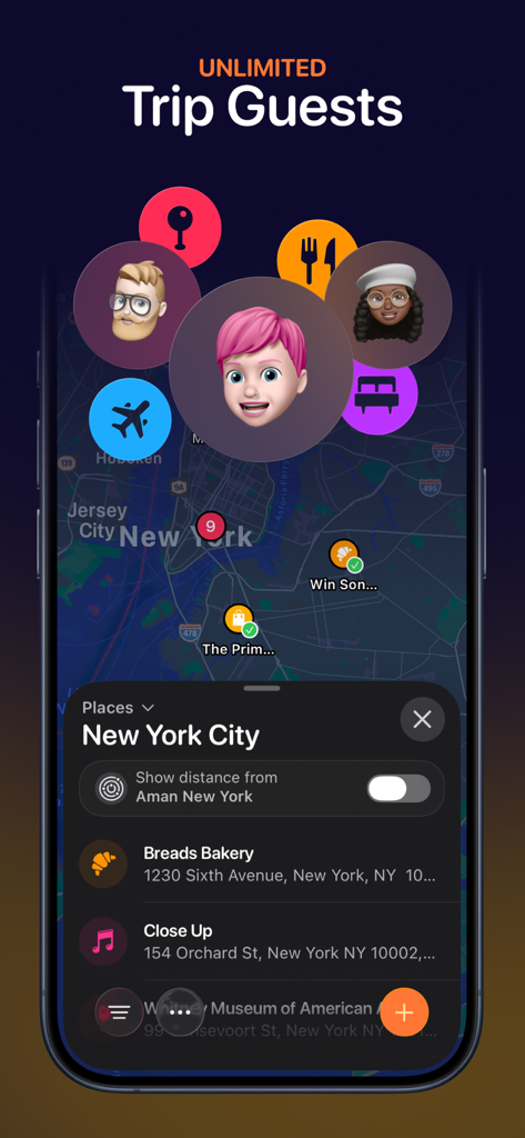Tripsy app interface showing unlimited trip guests and shared travel itinerary on a map.