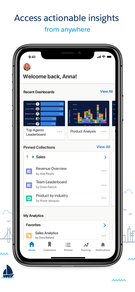 Painel móvel do CRM Analytics mostrando dados de vendas e placares.