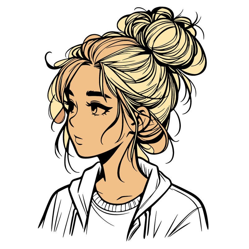 realistic teenage girl with a messy bun