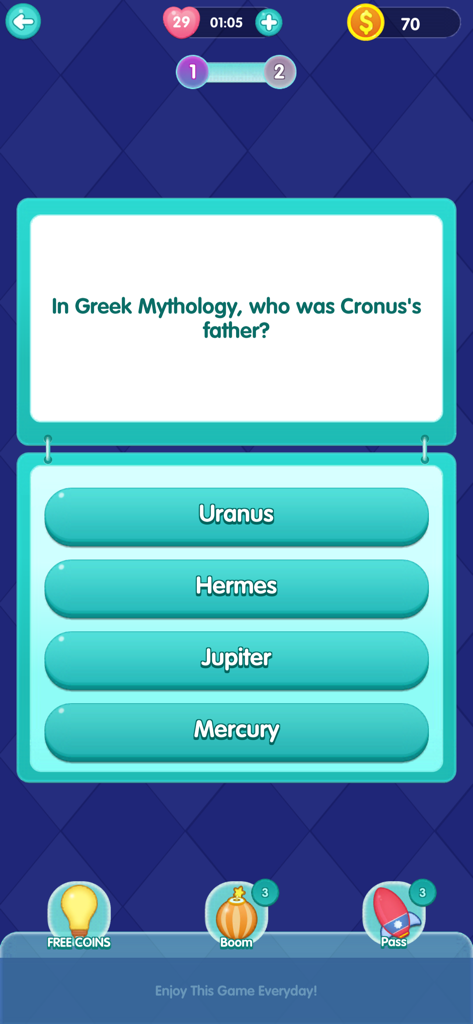 QuizTime - Trivia - A screen from the QuizTime app showing a history trivia question about Greek mythology with four multiple-choice options.
