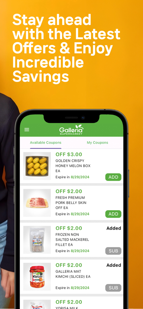 GalleriaSM - App Galleria Supermarket che mostra un elenco di coupon disponibili per articoli alimentari tra cui melone, miele e kimchi
