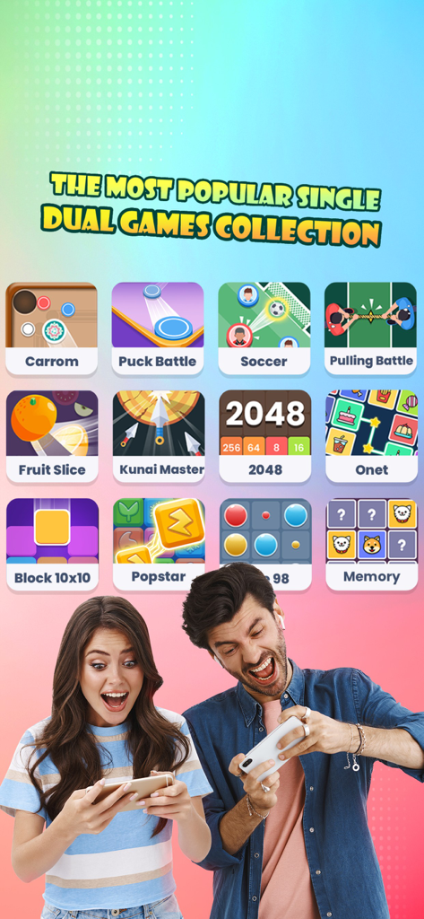 2 Player Game Box Online - A man and a woman excitedly playing mini games from a diverse mobile game collection