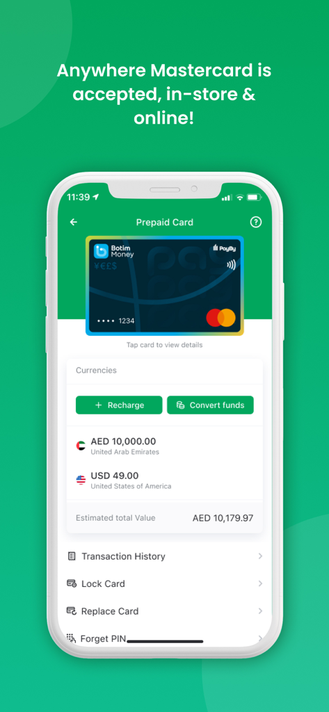 PayBy – Mobile Payment - PayBy app screenshot showing a virtual prepaid Mastercard with multicurrency balances in AED and USD
