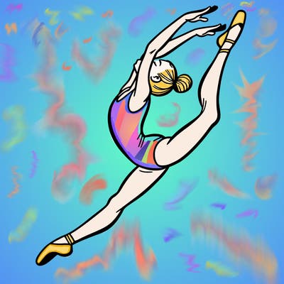 gymnast doing a leap in a leotard with a bent back leg
