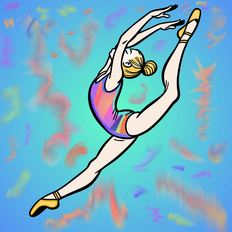 gymnast doing a leap in a leotard with a bent back leg
