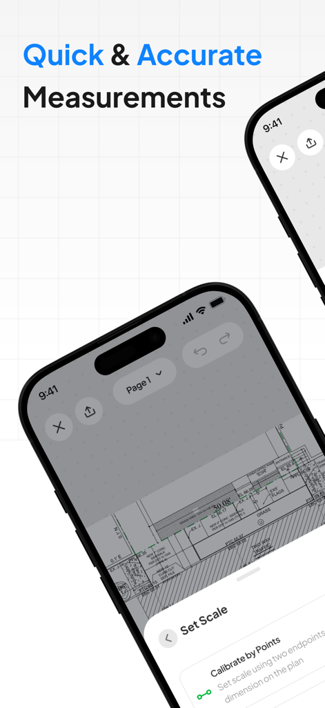 Planformer – Smart Takeoffs - Planformer app interface displaying digital scale calibration and distance measuring on a construction blueprint