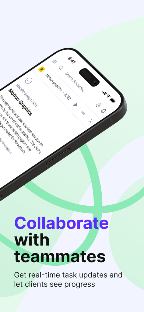 Smartphone displaying Productive.io collaboration and real-time task updates feature