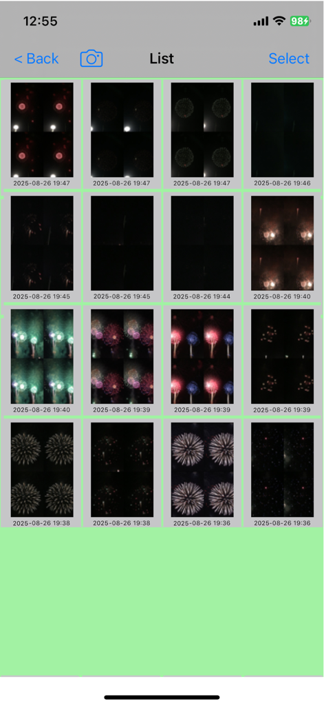 FireWorksBld - A grid gallery of fireworks photos with timestamps in the FireWorksBld app.