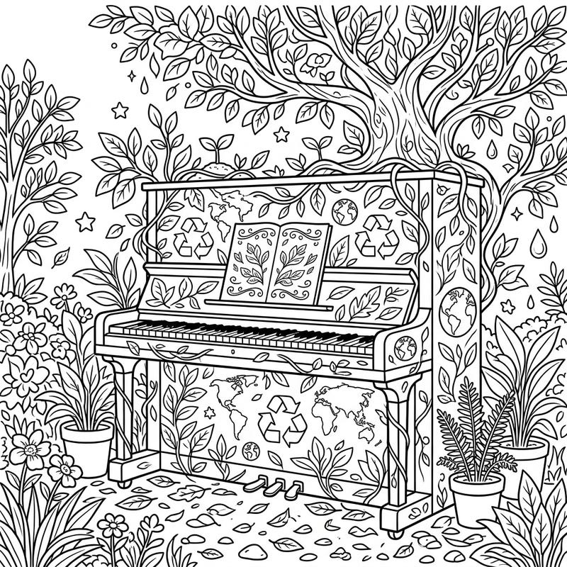 Tune into environmental harmony with our exquisite Upright Piano Earth Day coloring page. This intricate design blends musical elegance with vital ecological messages, perfect for a mindful coloring experience.