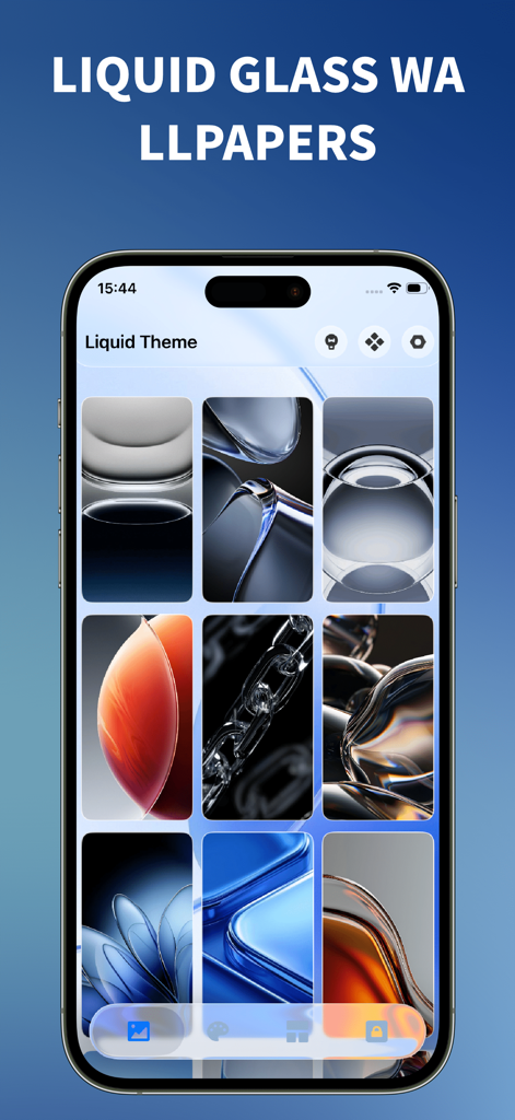 Liquid Theme - 26 Wallpapers - Eine Sammlung von futuristischen Liquid-Glas-Hintergrundbildern, die in einem Raster auf einem iPhone-Bildschirm angezeigt werden.
