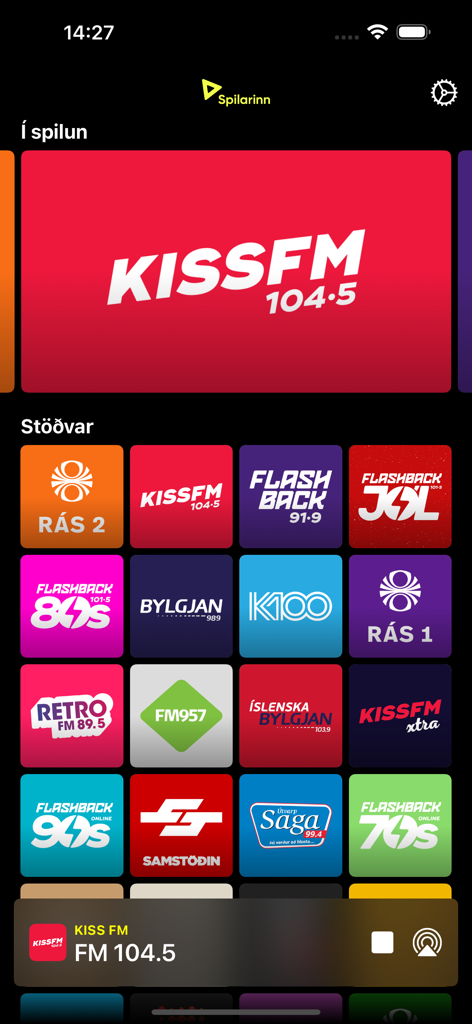 Spilarinn - Spilarinn mobile app interface displaying a grid of various Icelandic radio stations and a now playing bar