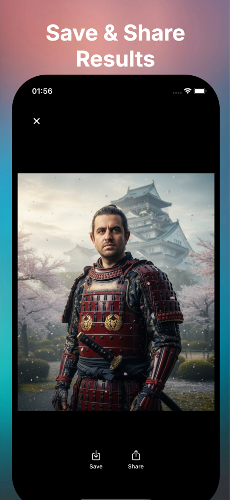 Utopia AI - Dreams to Image - Mobile app interface of Utopia AI showing an AI generated samurai portrait with save and share options