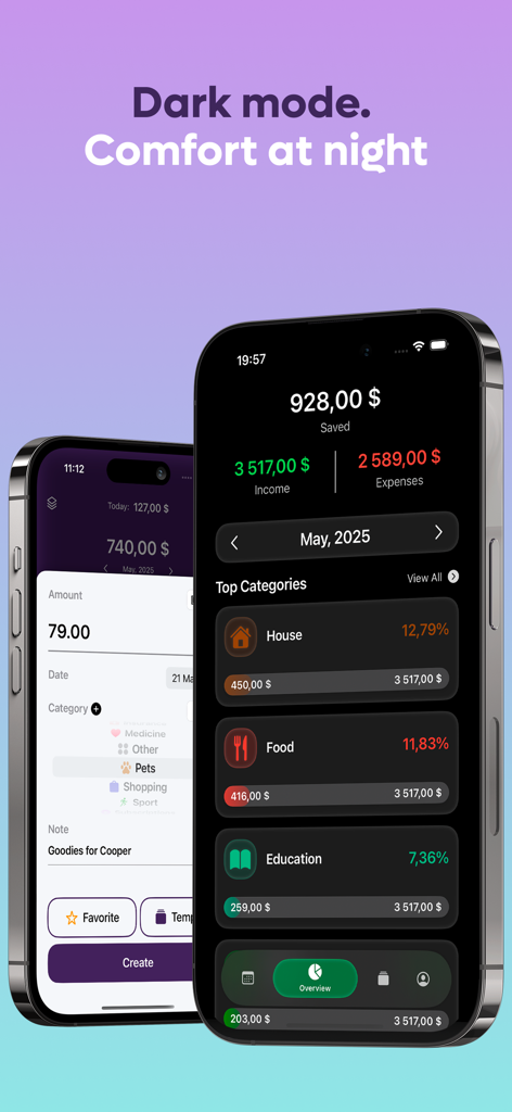 MoneySaver: Budget Planner App - MoneySaver app dark mode showing budget categories and expense tracking on iPhone
