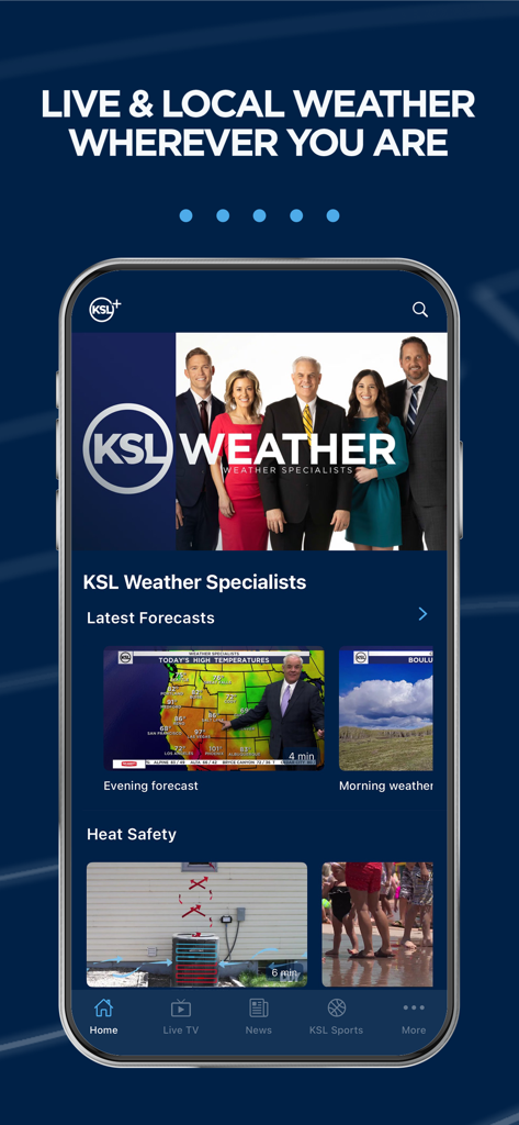 KSL+ - Interfaz de la aplicación KSL plus mostrando pronósticos del tiempo locales y en vivo con actualizaciones de video de especialistas en meteorología.