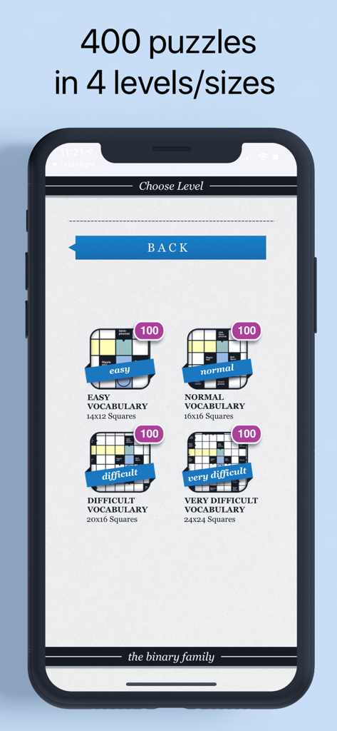 Crossword. A smart puzzle game - Difficulty level selection screen for Arrow Words puzzle app showing four levels from easy to very difficult