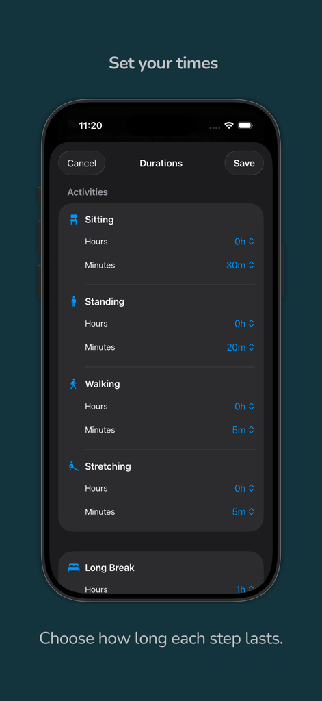 Standly | Standing desk timer - Interface of the Standly app showing duration settings for sitting standing walking and stretching activities.