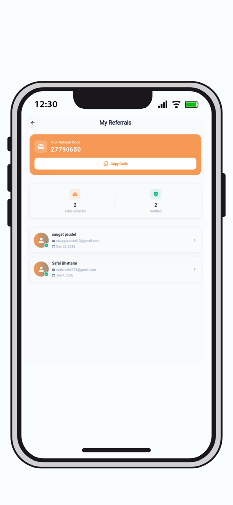 The My Referrals screen of the We Pokhara app showing a user referral code and a list of verified referrals.