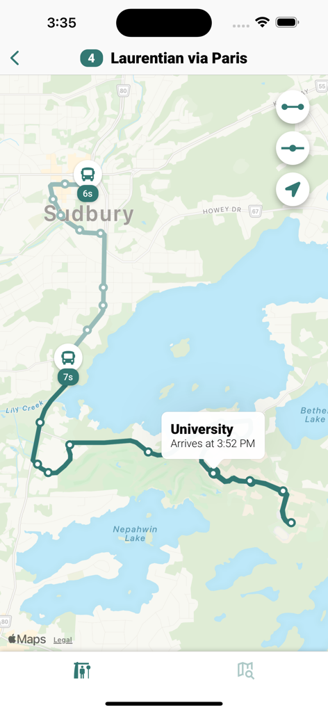 Sudbury Transit (GOVA) - Sudbury Transit GOVA app showing a live bus tracking map and arrival times for Laurentian University