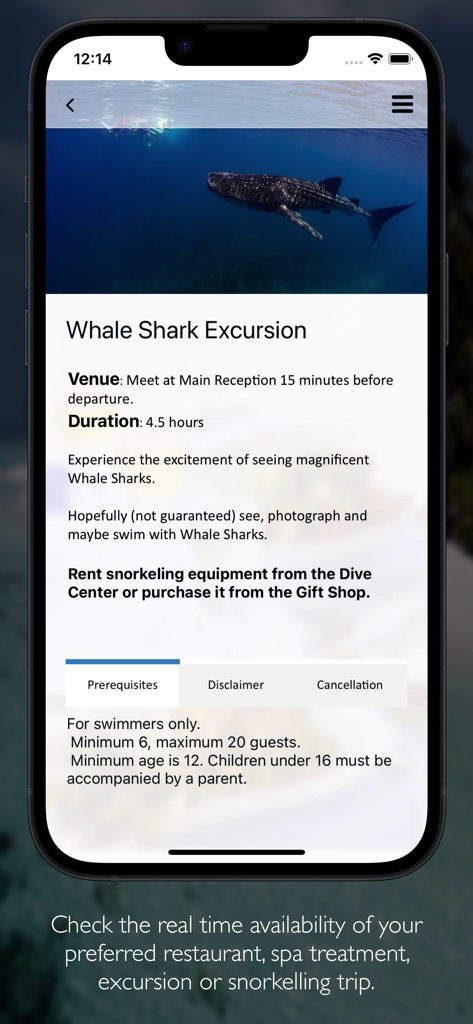 Vilamendhoo - Mobile app screen for Vilamendhoo resort detailing a whale shark snorkeling excursion.