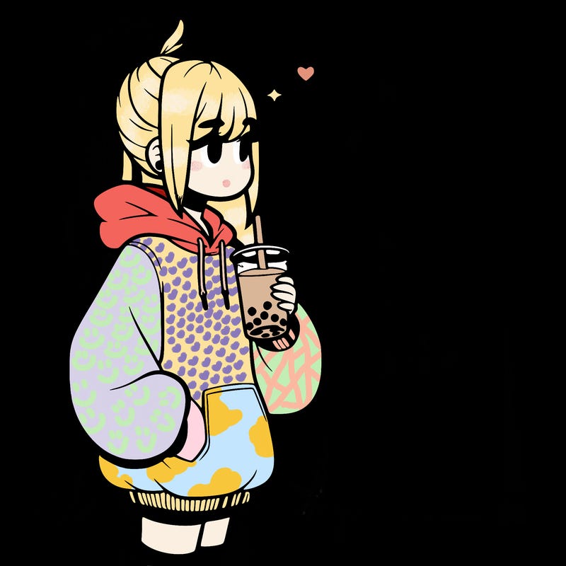 girl with oversized hoodie drinking boba and she has a high ponytail with a sign that says 10likes?