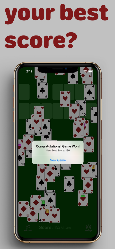 No Ads Solitaire win screen showing a new high score of 130 moves