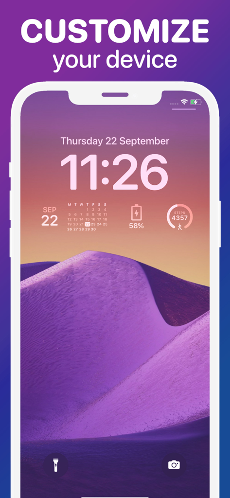 iPhone lock screen showing custom calendar battery and step count widgets with a purple desert wallpaper