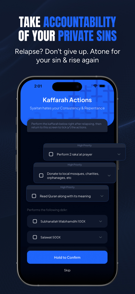 Jahada: Control your Nafs - Interfaz de smartphone de la aplicación Jahada que muestra una lista de verificación de acciones religiosas como oración y caridad para la rendición de cuentas espiritual.