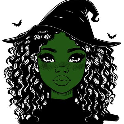 realistic black girl with wavy hair and witch hat and nose and lips