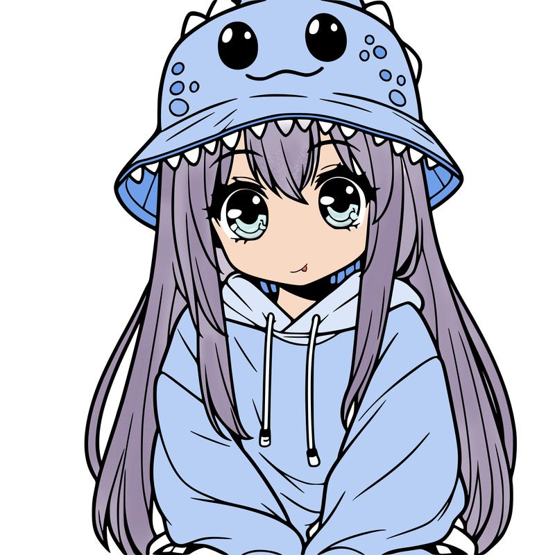 girl with anime shaped eyes with a dinosaur bucket hat oversized sweatshirt long straight hair