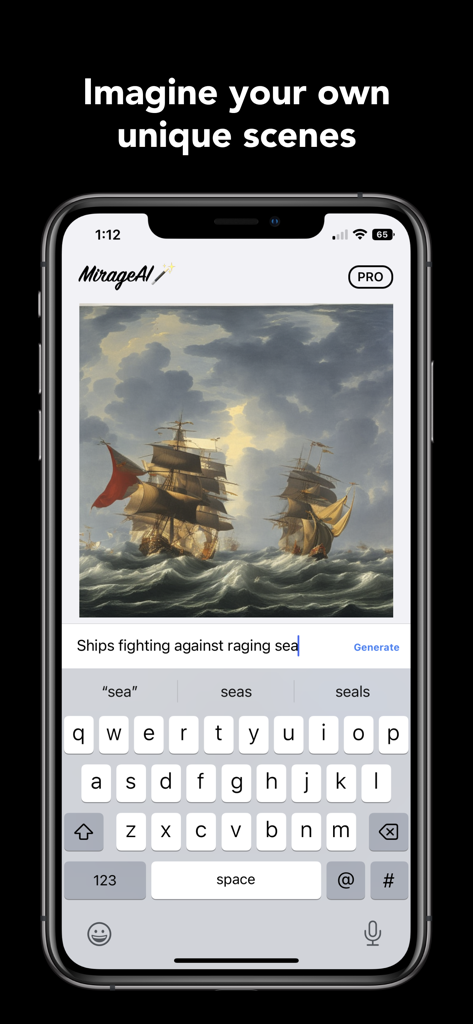 テキストプロンプトから嵐の海に船を描いた油絵の生成を表示するMirage AIアプリのインターフェイス。